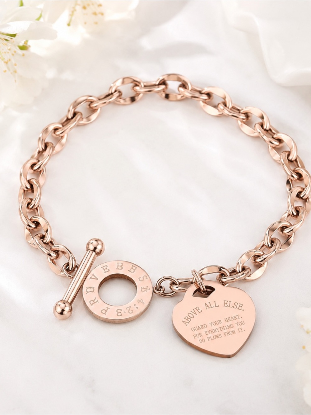 Rose Gold Heart Charm Toggle Bracelet
